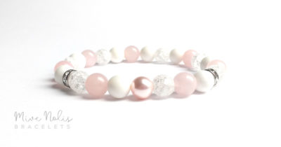 kagylóhéjgyöngy-rózsakvarc-hegyikristály ásvány karkötő